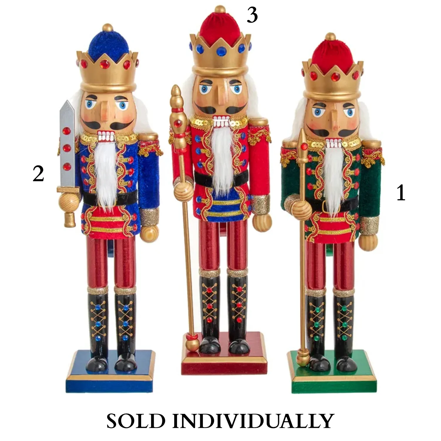 15" Blue, Red and Green King Nutcrackers (3 Styles – Sold individually)