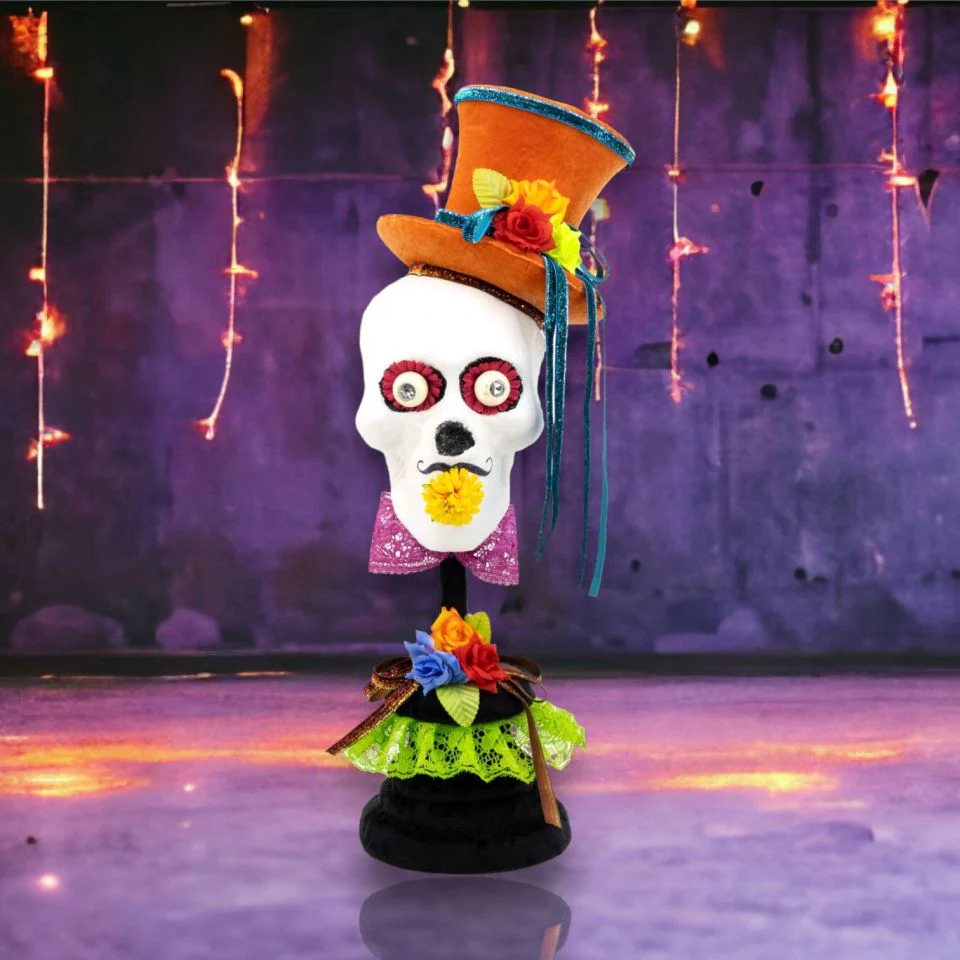 Skeleton w/Orange Hat on Pedestal Figurine, 21"