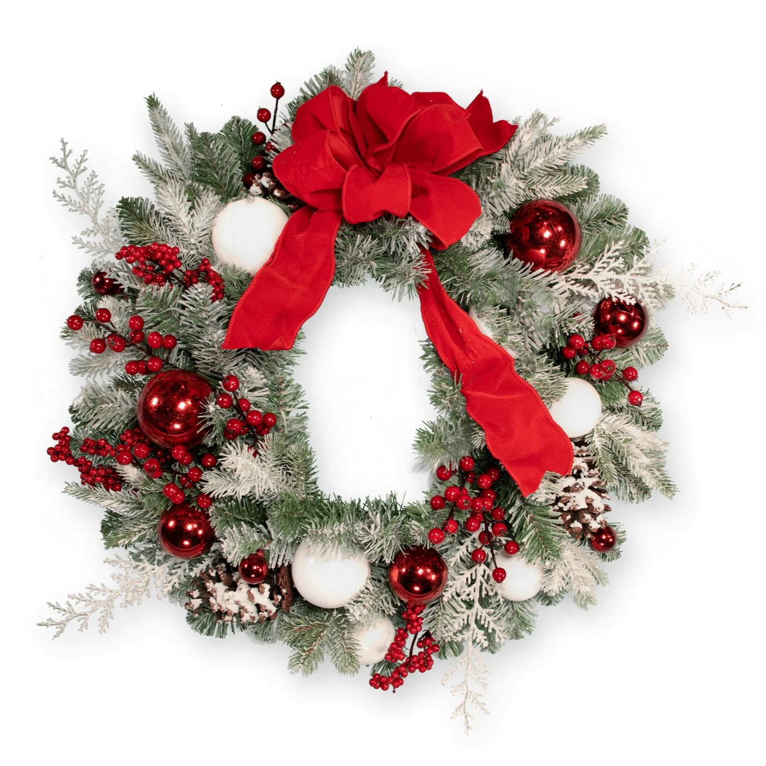 24″ Frosted Pine Wreath w/ Red and White Balls, Red Berry & Pinecones