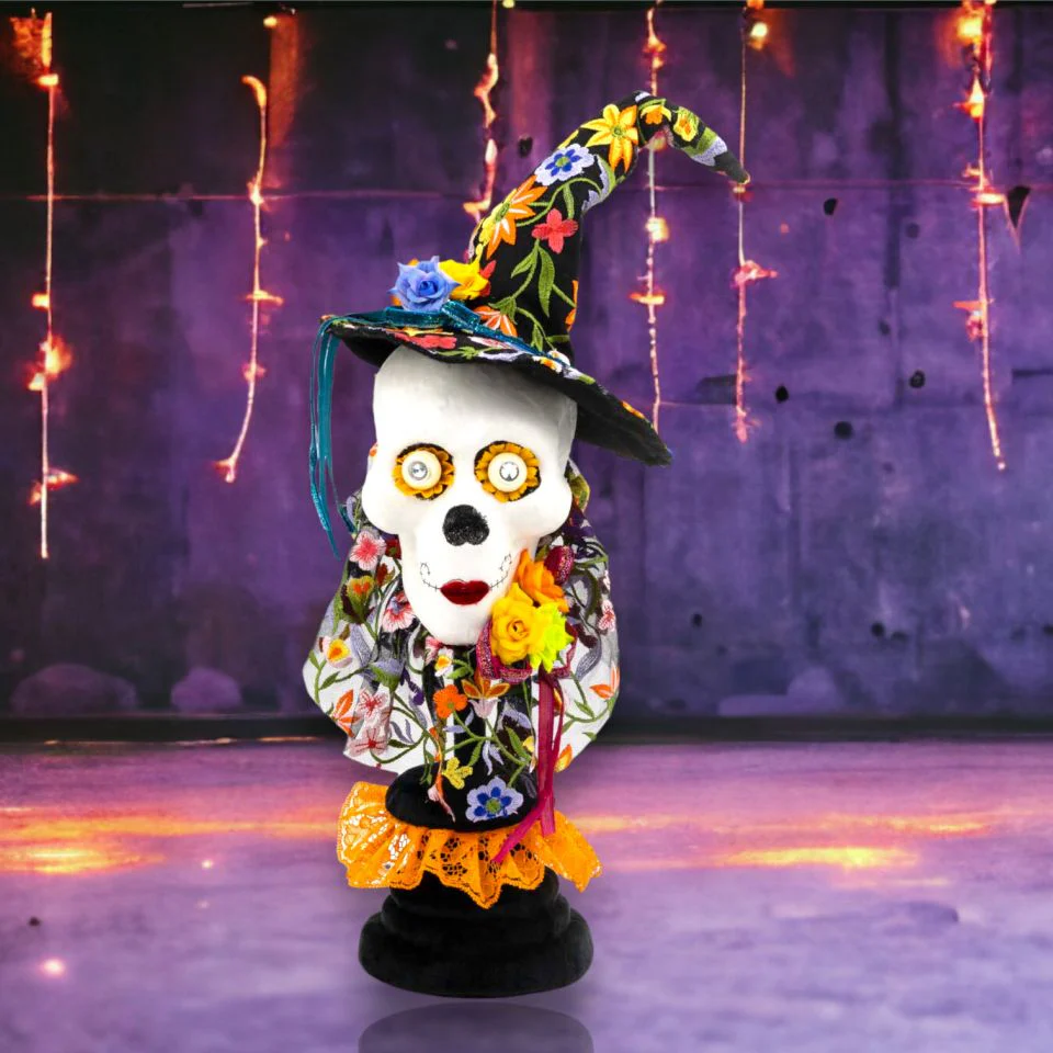 Skeleton w/Witch Hat on Pedestal Figurine, 24"