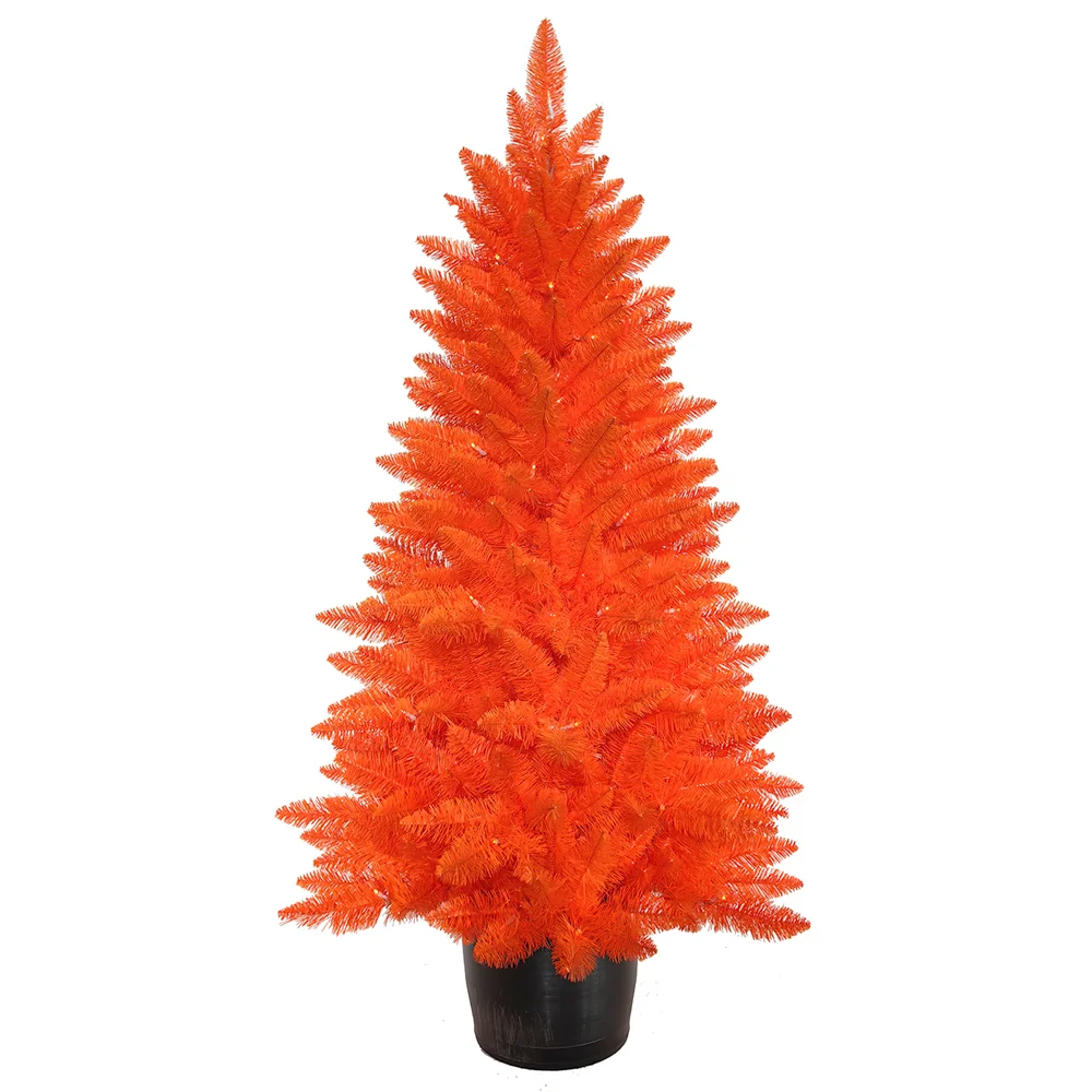 Battery Operated Pre-Lit Halloween Orange Potted Tree With Orange LED Lights, 4.5'