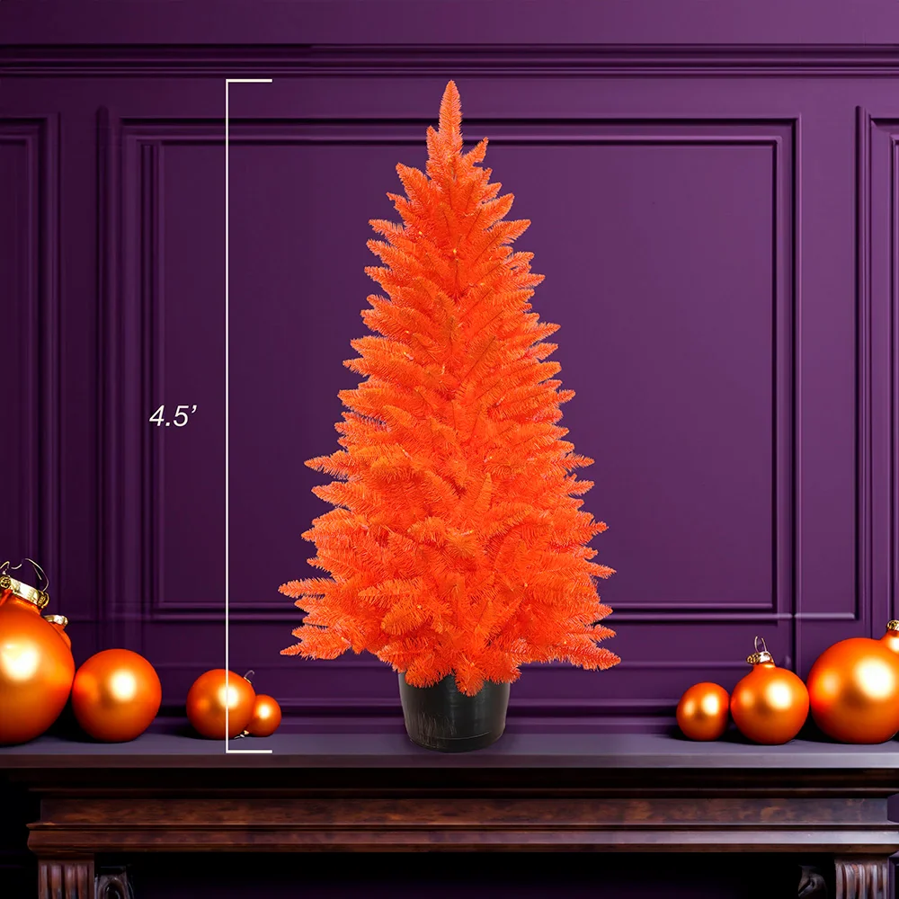 Battery Operated Pre-Lit Halloween Orange Potted Tree With Orange LED Lights, 4.5' - Image 6