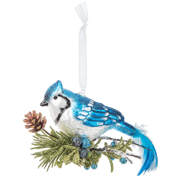 Blue Jay Vintage Glass Ornament, 5"