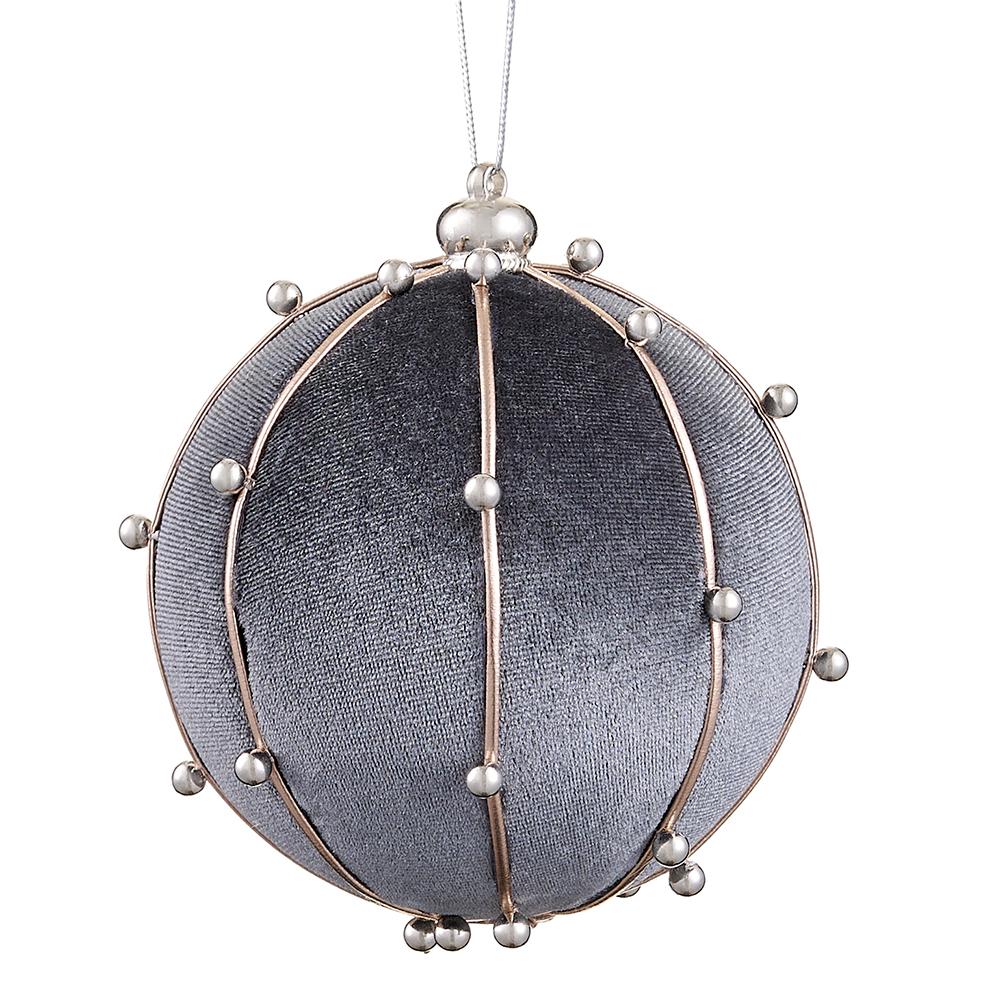 Beaded Velvet Ball Ornament, 4" (Gray)