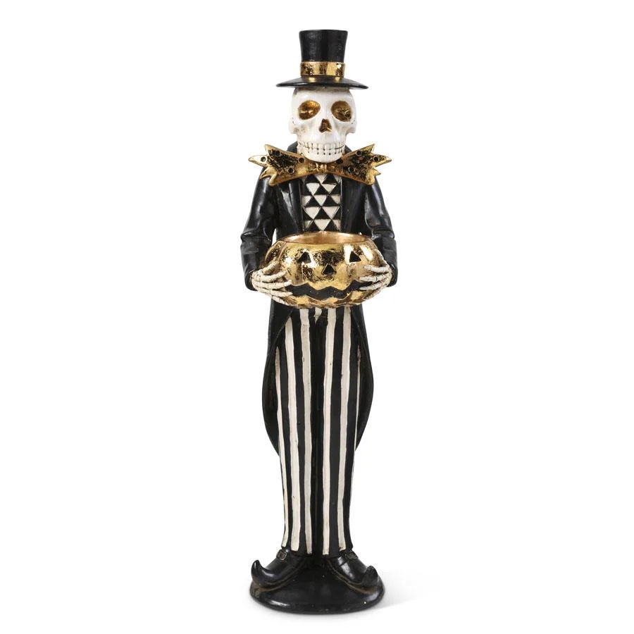 Black and Gold Skeleton Holding Gold Jack-O-Lantern Figurine, 13"