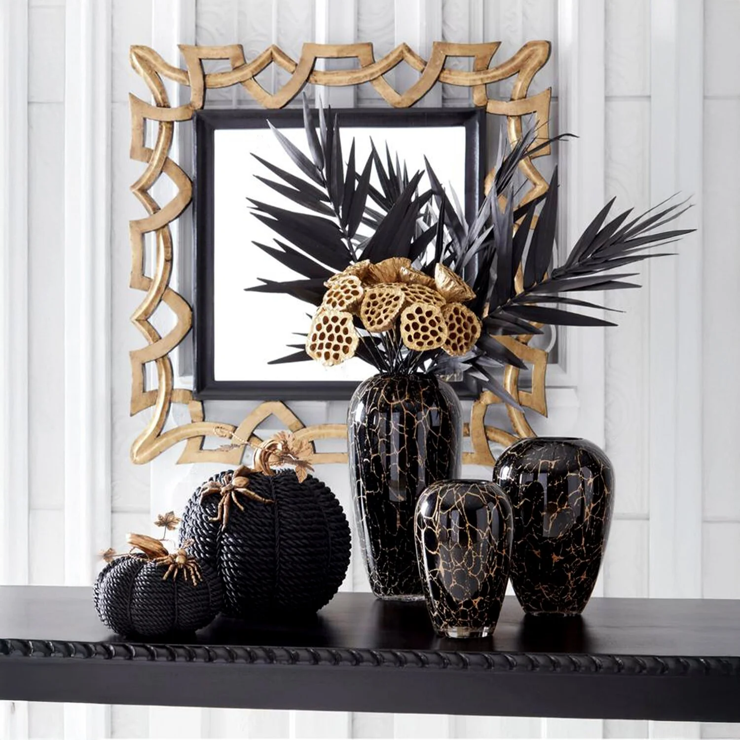 Black Resin Rope Pumpkins w/Gold Leaves (Set of 3) - Image 2