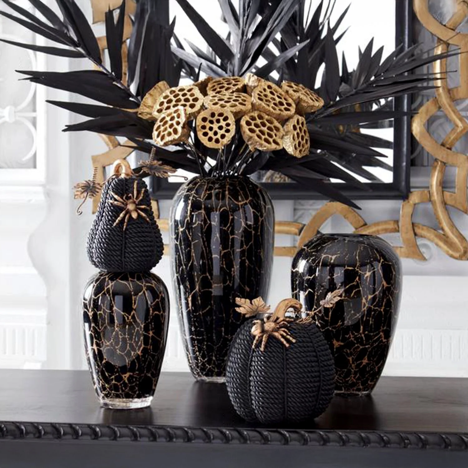 Black Resin Rope Pumpkins w/Gold Leaves (Set of 3) - Image 3