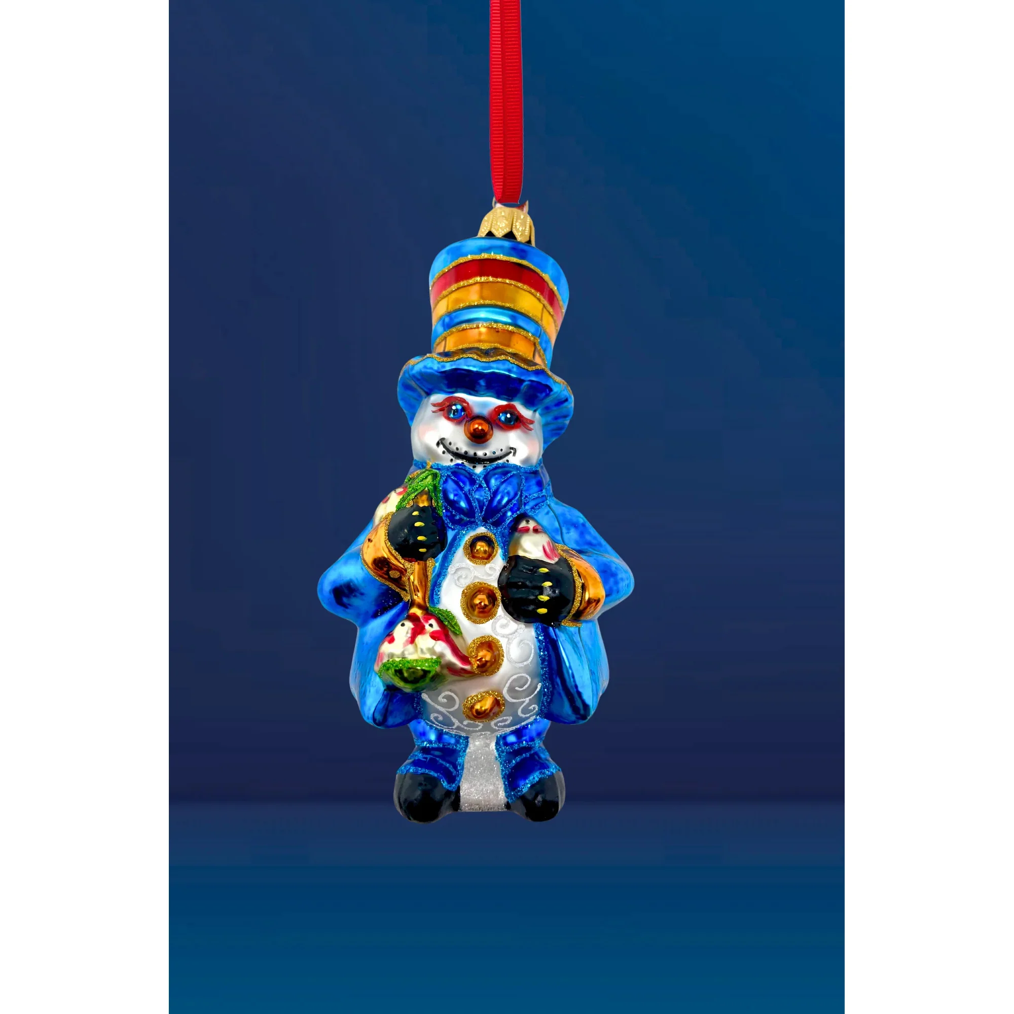 Blue Christmas Snowman Glass Ornament, 5.5"