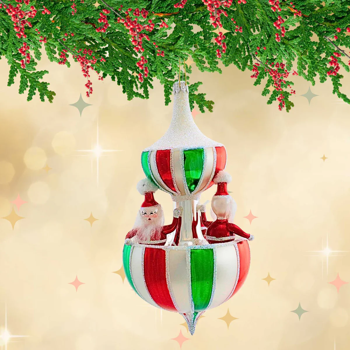 Carousel 3 Santa Glass Drop Ornament, 6.5" - Image 2