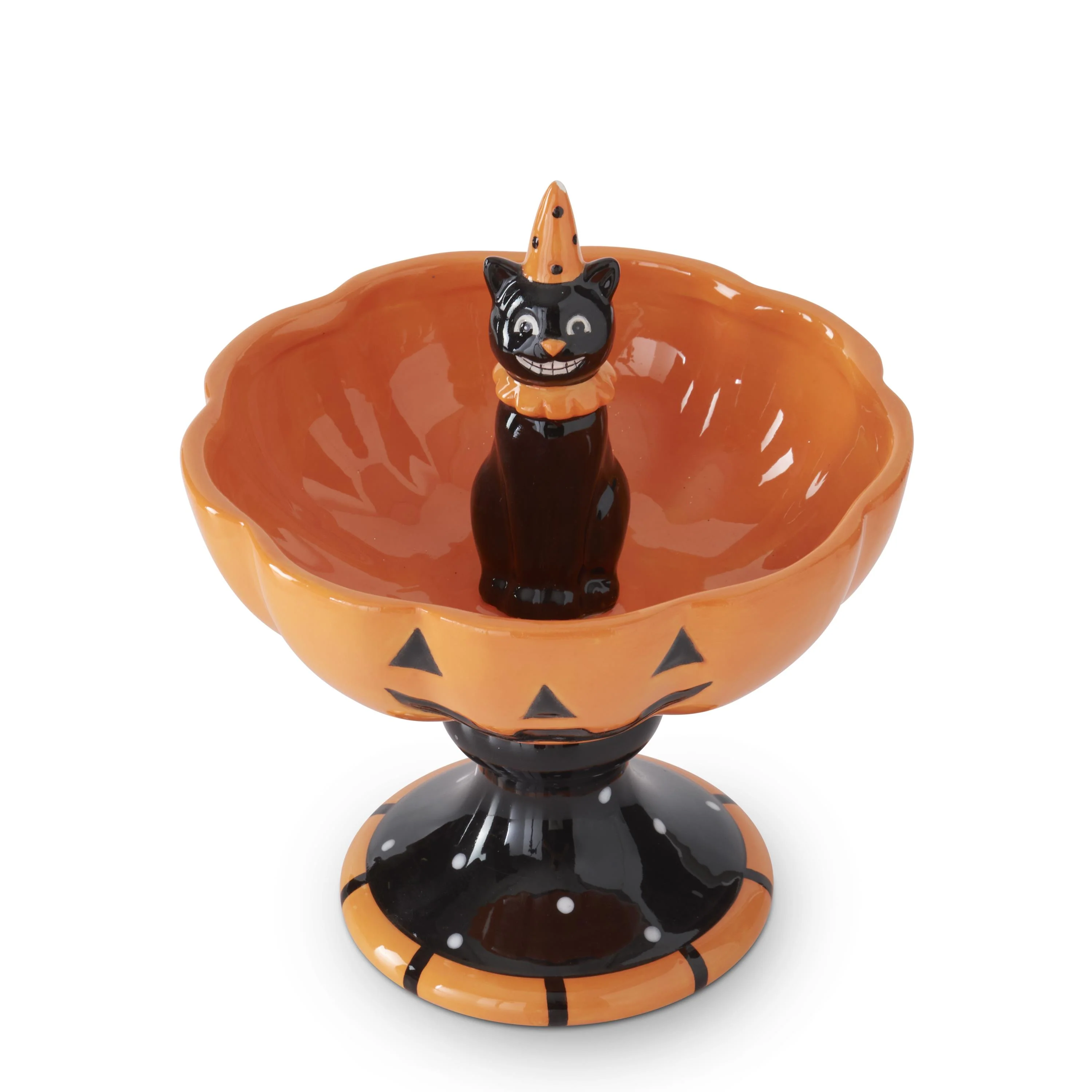 Ceramic Jack-O-Lantern Bowl w/Black Cat Figurine, 8.25" - Image 2