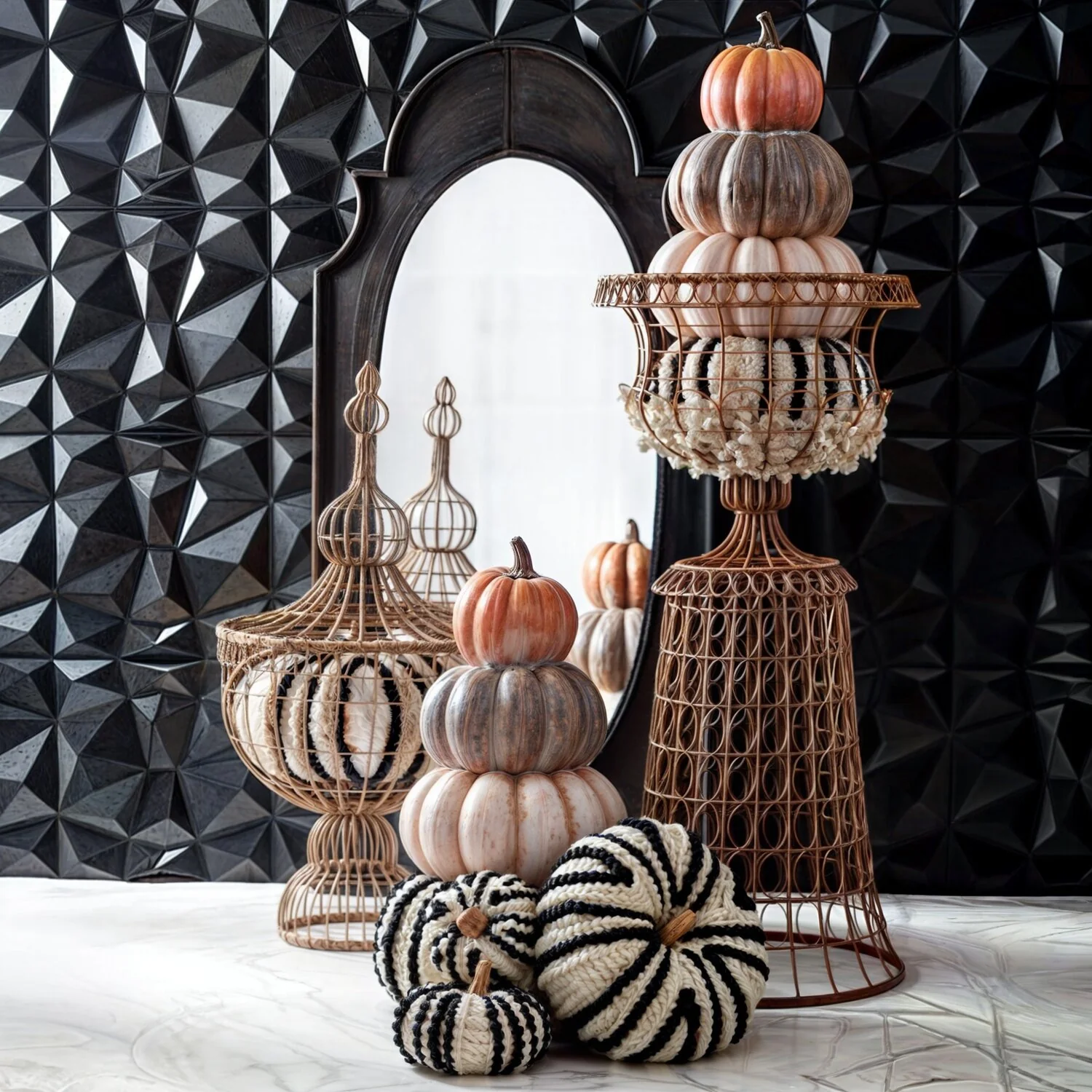 Cream & Black Knit Vertical Striped Pumpkin, 10.5" - Image 3