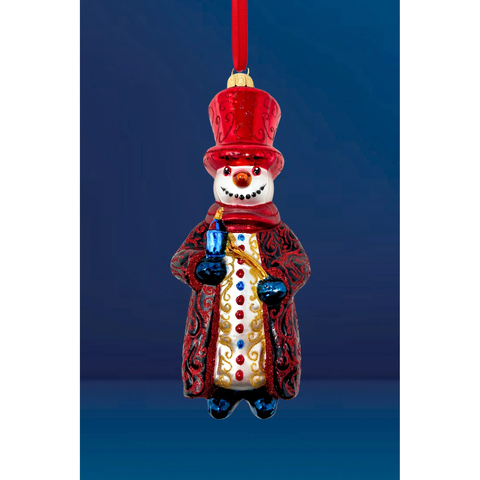 Evening Snow Snowman Glass Ornament, 6"