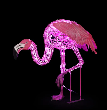 Large Pink Flamingo Standing On One Leg, LED Lit w/Fiberglass, 46"