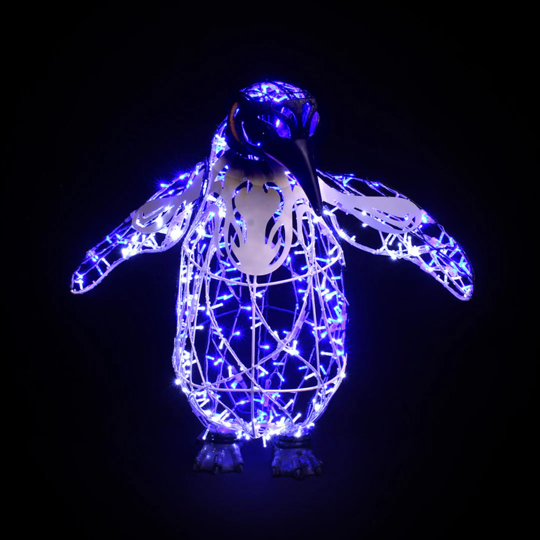 Large Penguin Flappy Figure, LED Lit w/Fiberglass (White/Blue), 53"