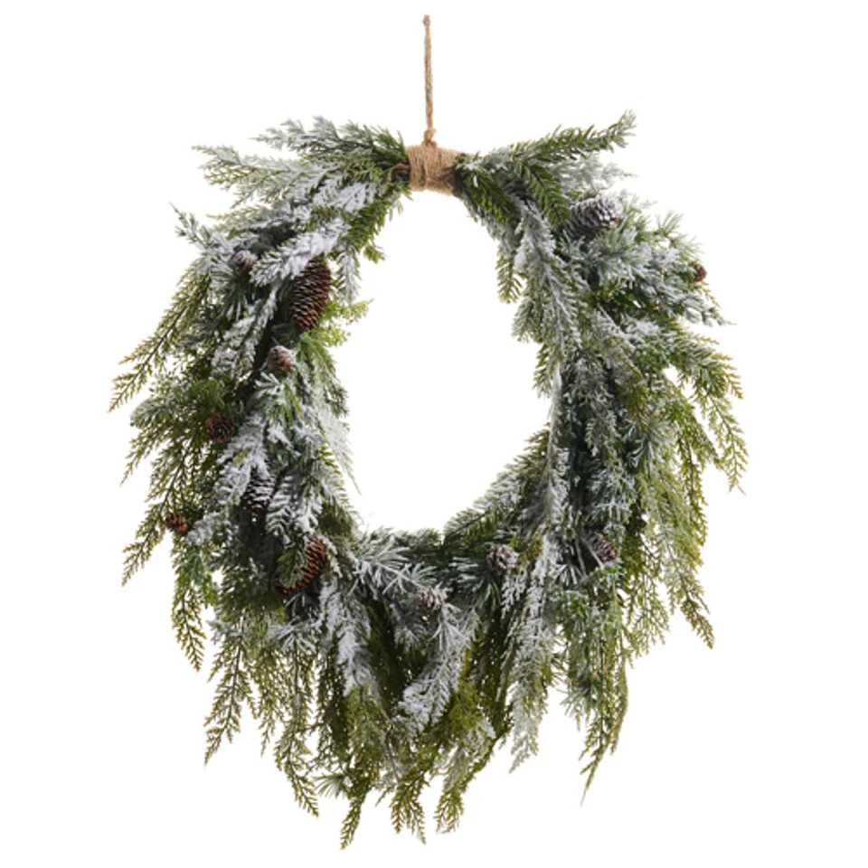 Flocked Oval Cedar and Mini Pinecone Christmas Wreath, 29"