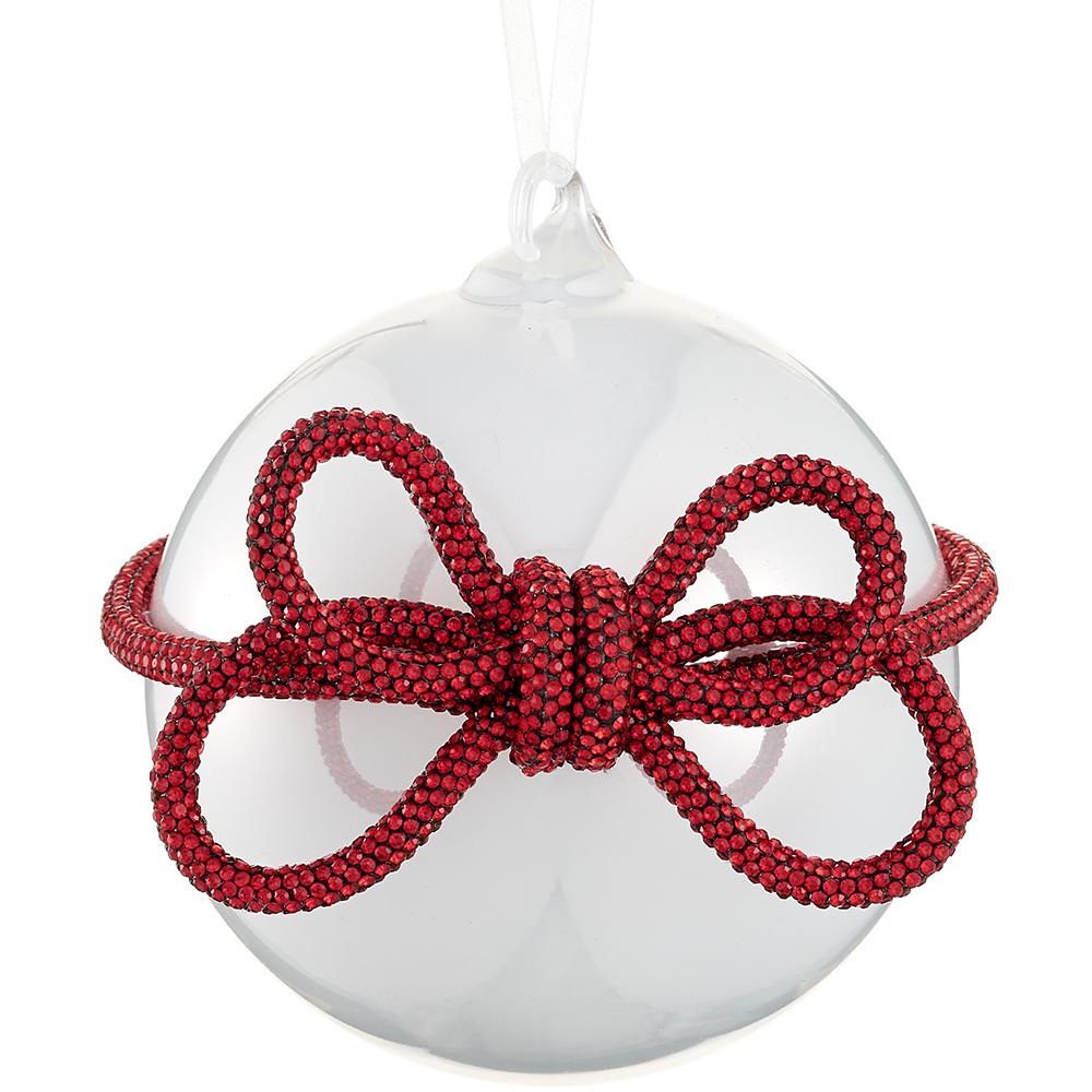 Glass Ball Ornament With Diamond Bow, 4" (White)