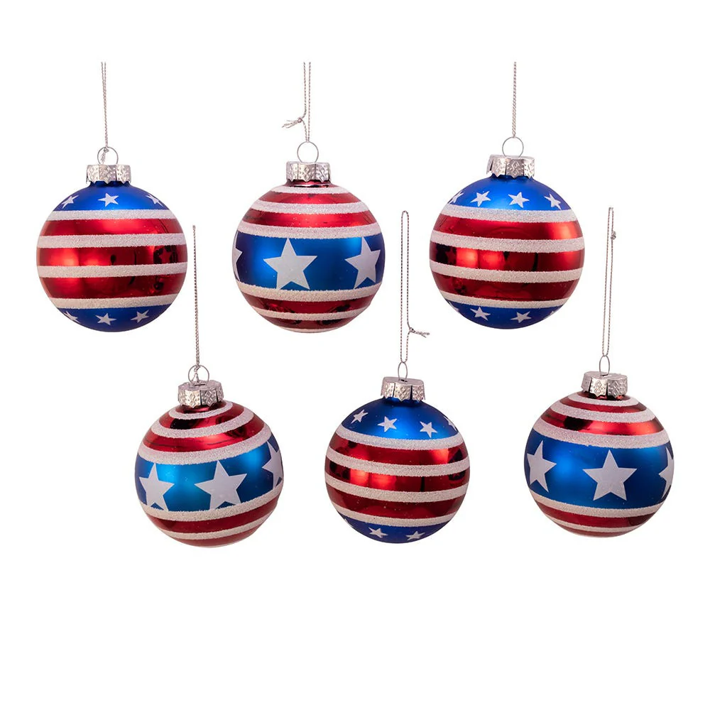 Glass Red, White and Blue Stars and Stripes Glass Ball Ornaments, 3.15" (Set of 6) - Image 2