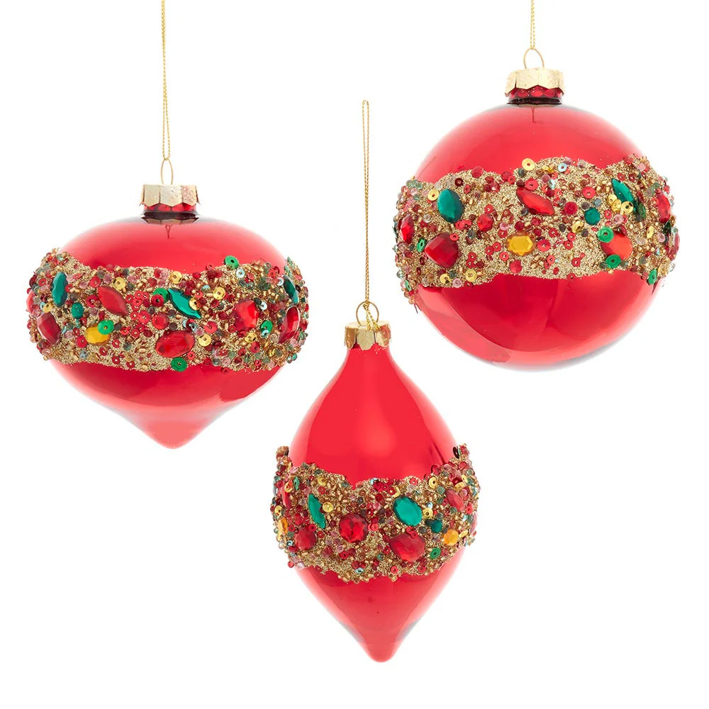 Glass Shiny Red w/Embellishments Ball, Onion & Drop Ornament, 4" (3 styles - sold individually)