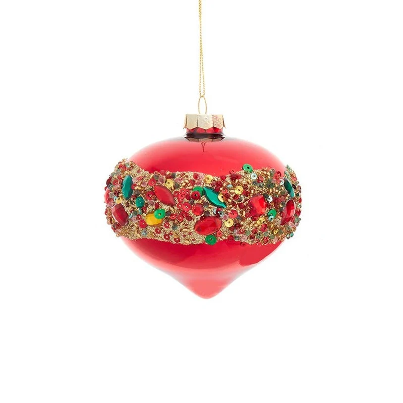 Glass Shiny Red w/Embellishments Ball, Onion & Drop Ornament, 4" (3 styles - sold individually) - Image 2