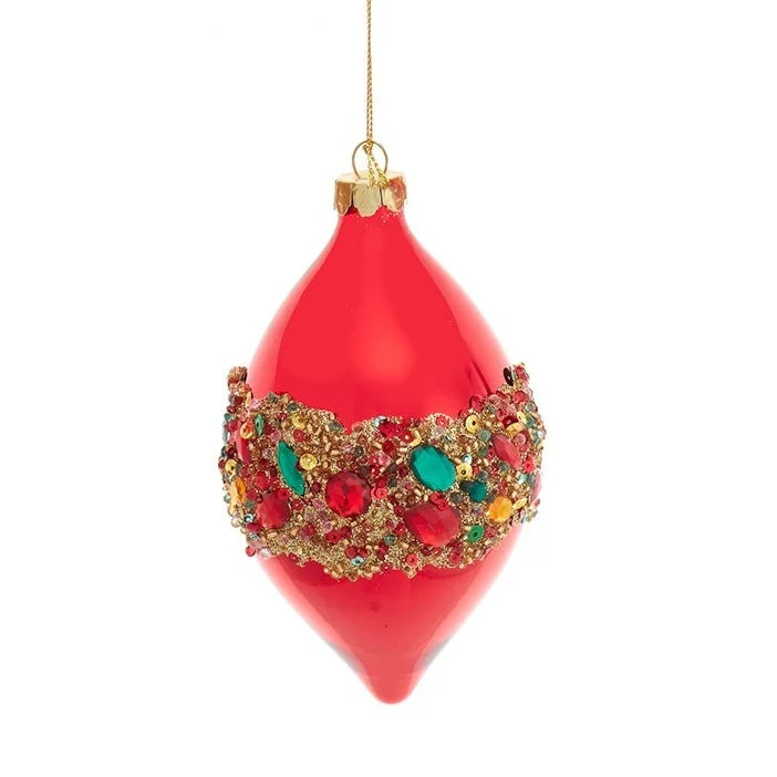 Glass Shiny Red w/Embellishments Ball, Onion & Drop Ornament, 4" (3 styles - sold individually) - Image 3
