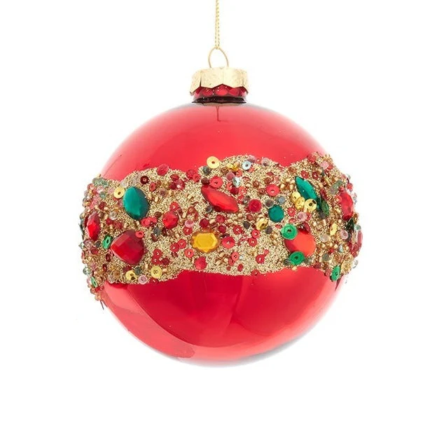 Glass Shiny Red w/Embellishments Ball, Onion & Drop Ornament, 4" (3 styles - sold individually) - Image 4
