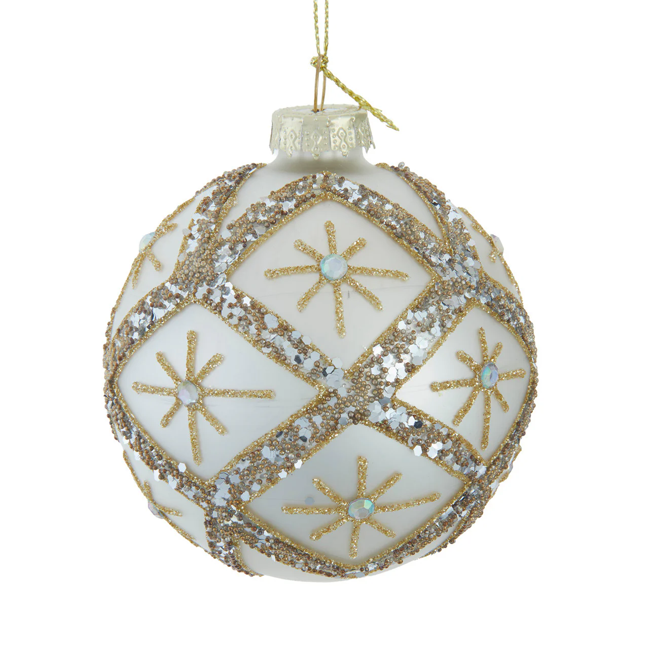Glass Silver Ball Ornaments w/Gold & Silver Criss-Cross Glitter, 3.15" (Set of 6)