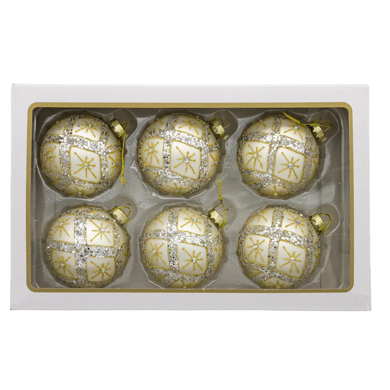 Glass Silver Ball Ornaments w/Gold & Silver Criss-Cross Glitter, 3.15" (Set of 6) - Image 2
