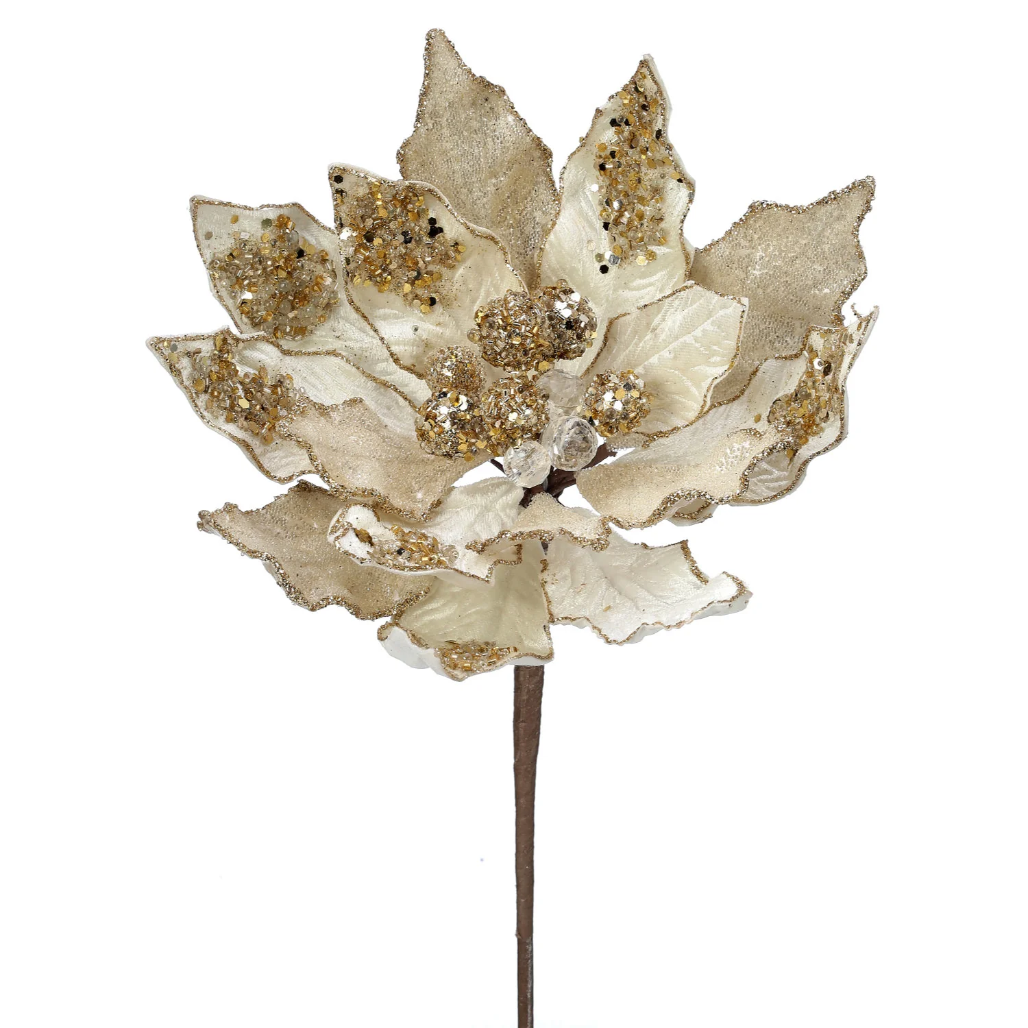Heavy Jeweled Poinsettia Stem (Ivory Gold), 18"