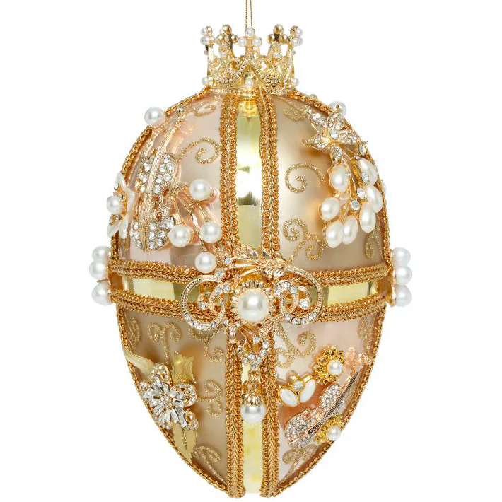 King's Jewels Faberge Jewel Egg Ornament, 7" (Gold with Pearls)