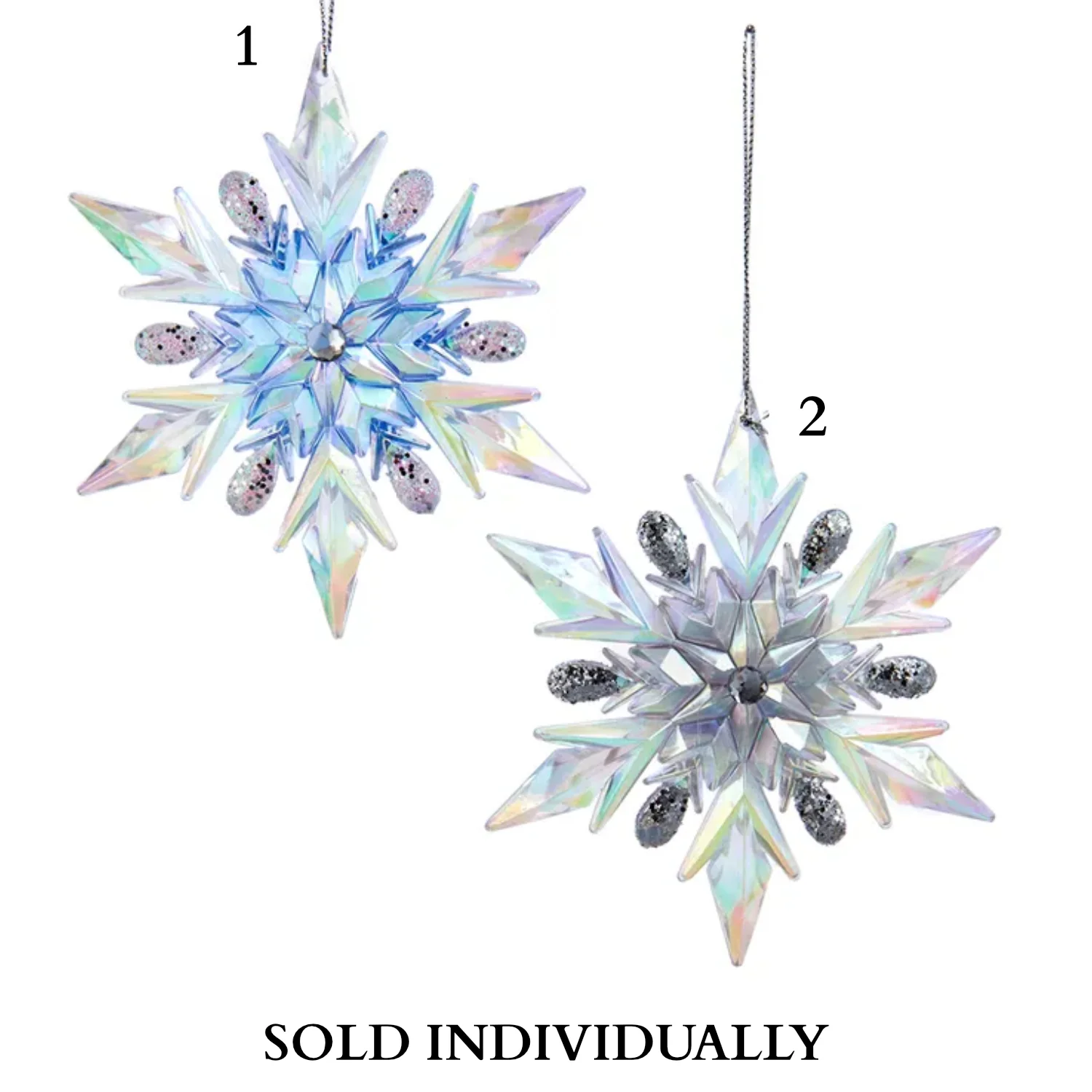 Lavender, Blue and Clear Iridescent Snowflake Ornaments (2 Styles – Sold individually)