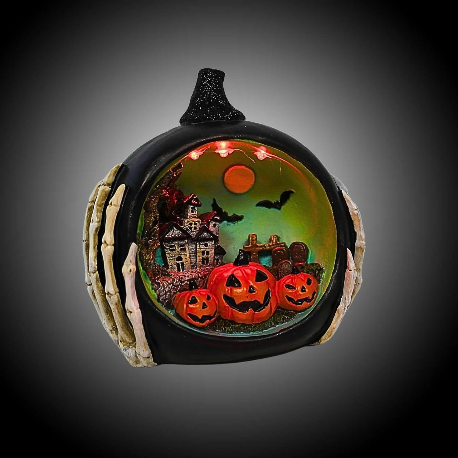 LED Lighted Black Pumpkin w/ Halloween Scene, 7.5" - Image 2