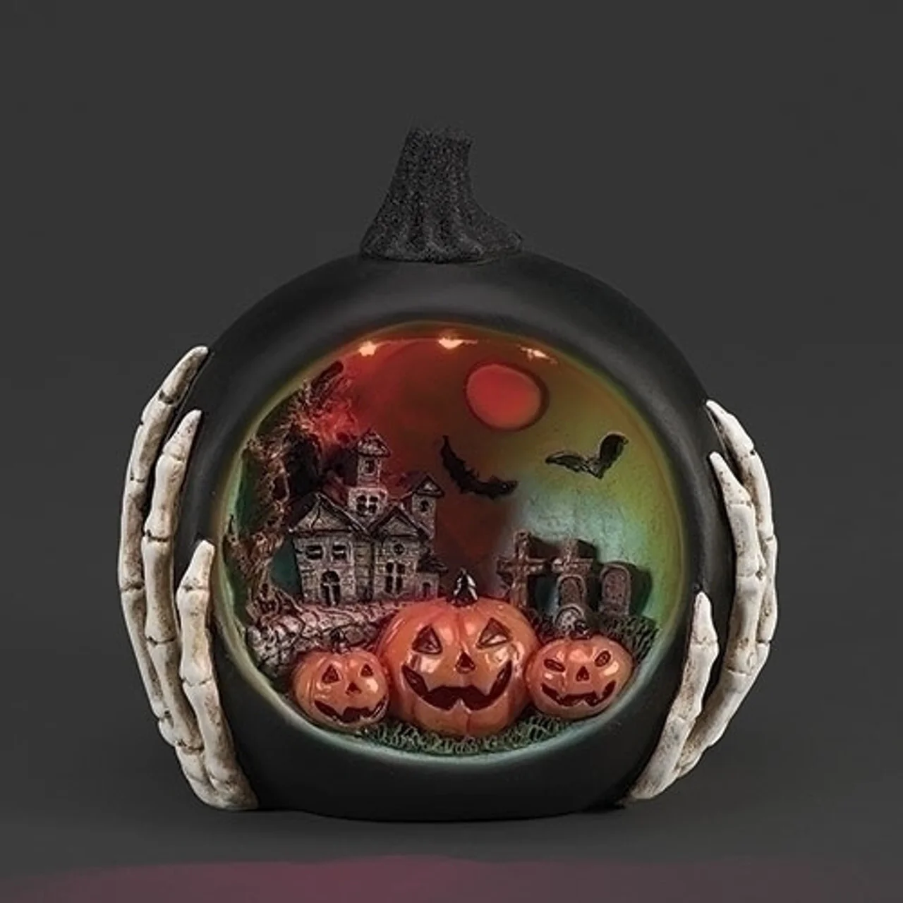 LED Lighted Black Pumpkin w/ Halloween Scene, 7.5" - Image 3