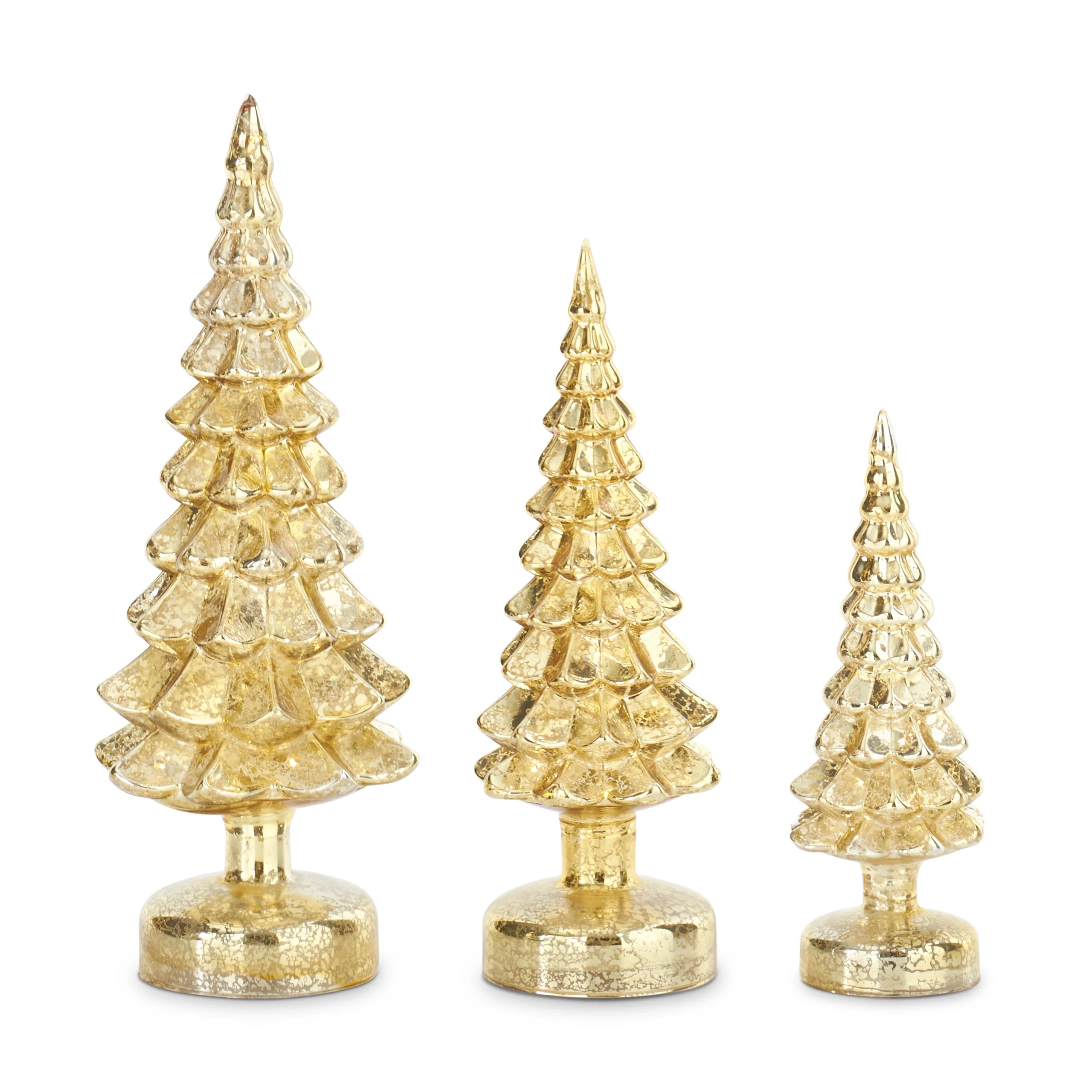 LED Mercury Glass Trees On Pedestals w/ Timers, 13" (Set of 3) (Gold)
