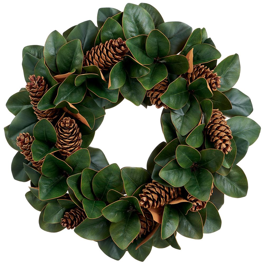 Magnolia Leaf/Pine Cone Wreath, 26" (Green & Brown)