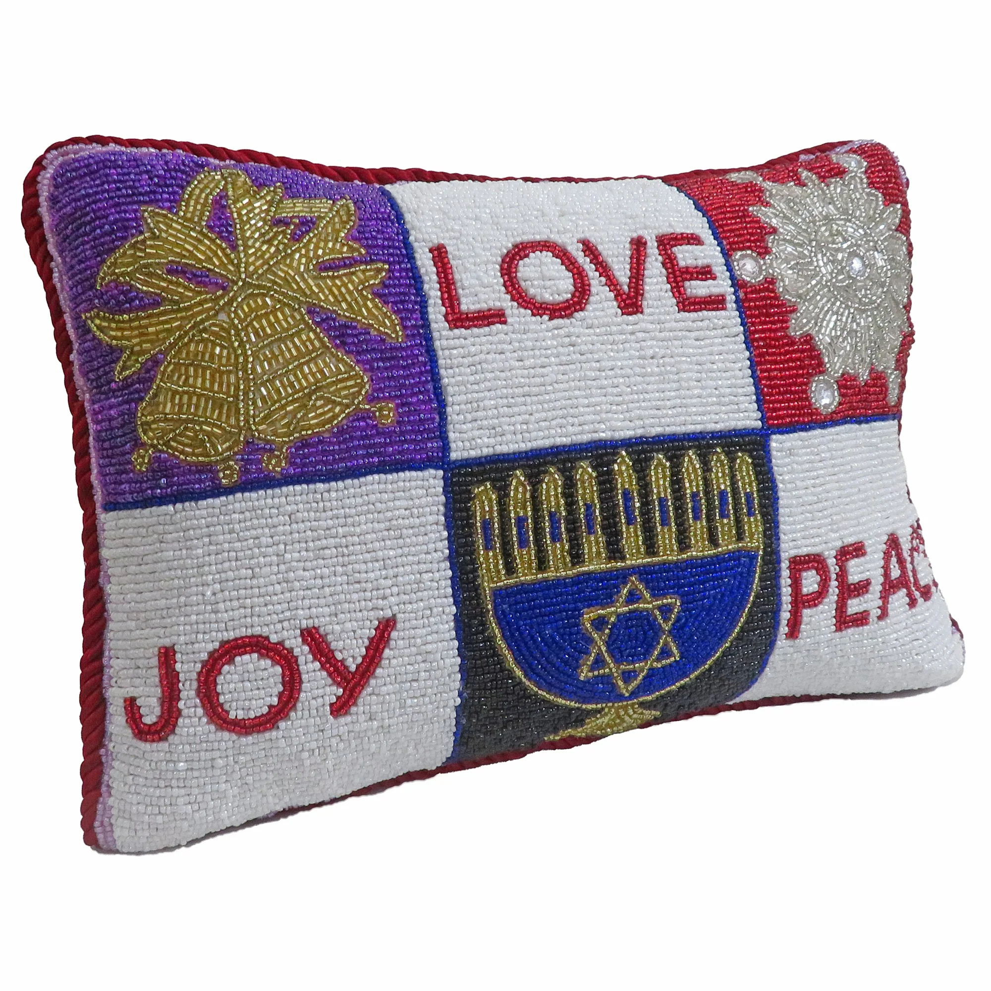 Multi Denominational "Love, Joy, Peace" Beaded Pillow, 8 x 12" - Image 3