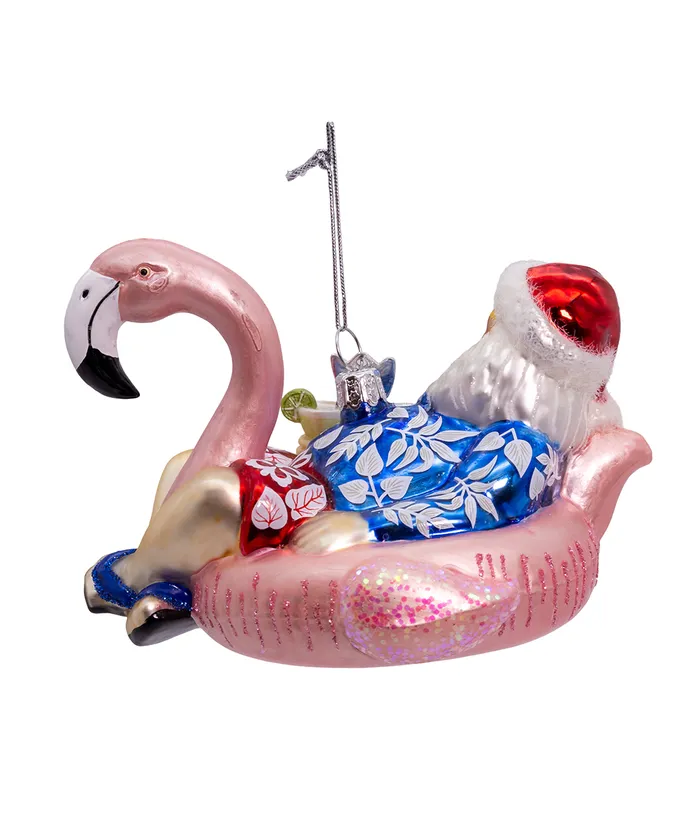 Noble Gems™ Glass Santa In Flamingo Pool Float Ornament - Image 4
