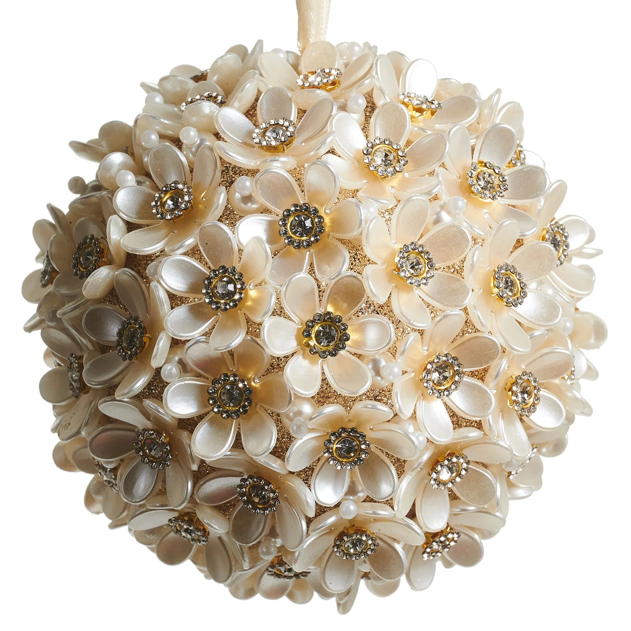 Pearl Floral Ball Ornament, 5" (Antique Gold)
