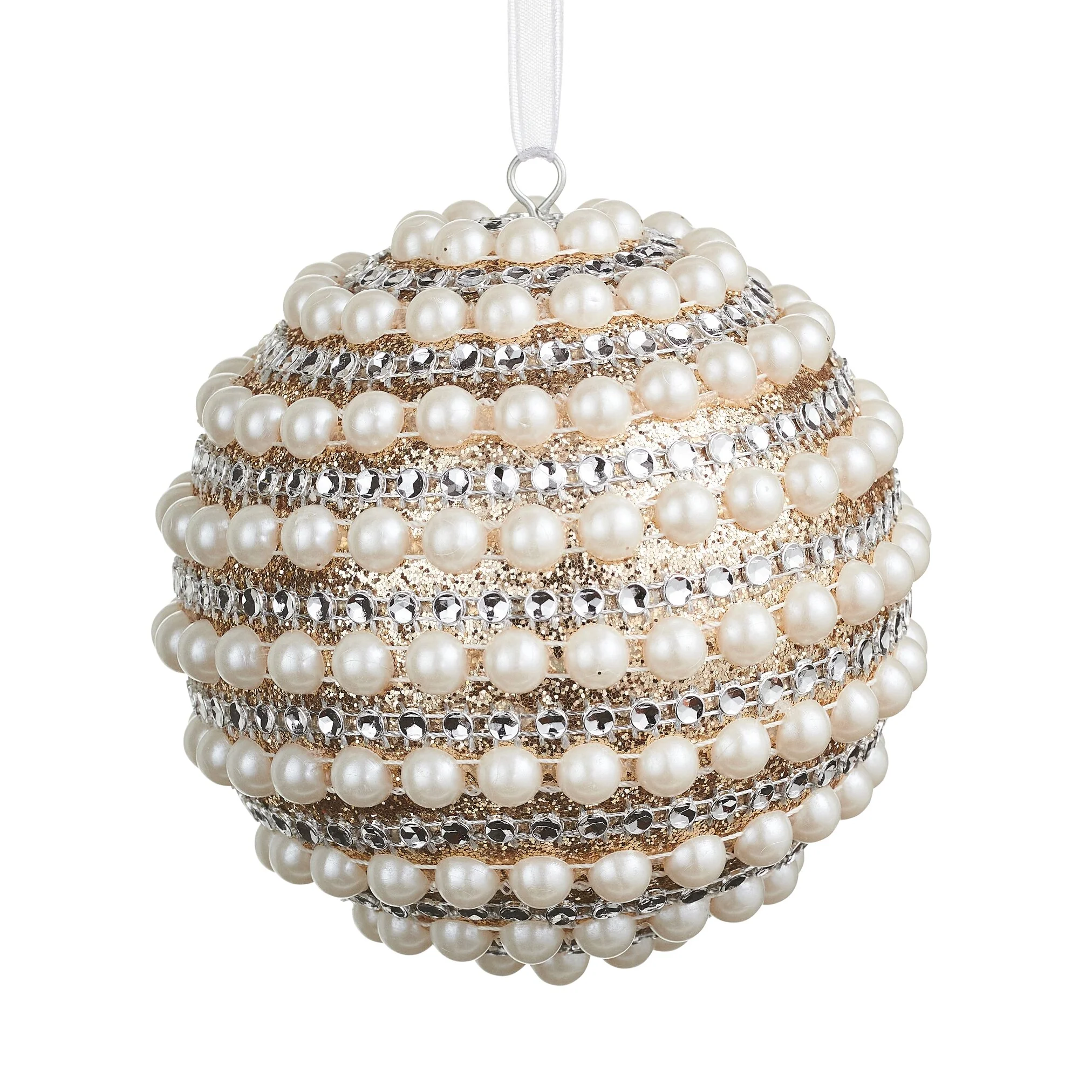 Pearled Ball Ornament, 4" (White & Pearl)