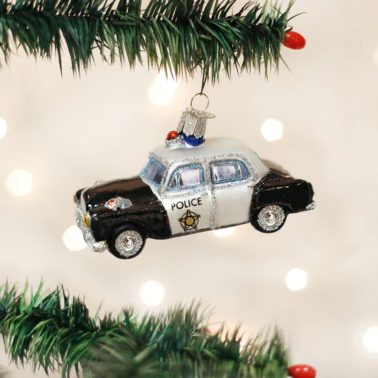 Police Car Glass Ornament, 4"