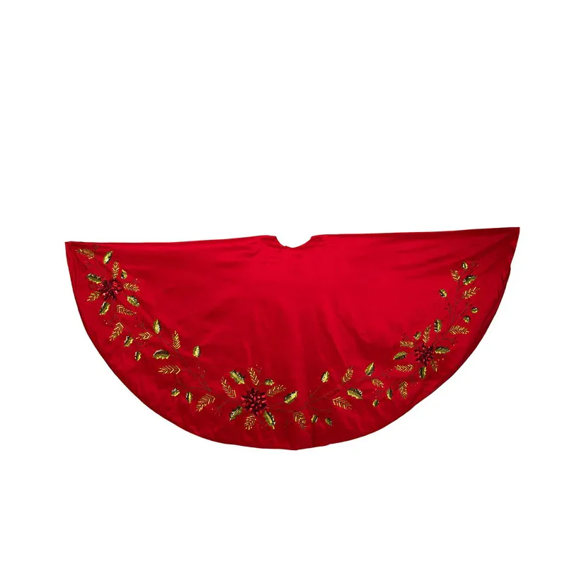 Red Dupion With Multi Sequin Poinsettia & Holly Leaves Tree Skirt, 72"
