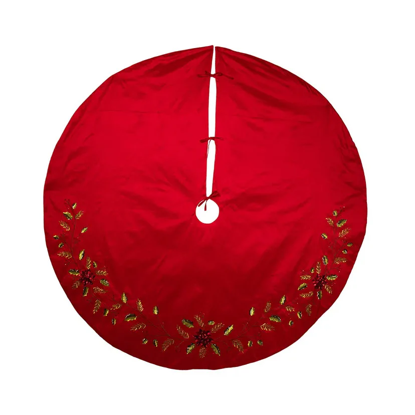 Red Dupion With Multi Sequin Poinsettia & Holly Leaves Tree Skirt, 72" - Image 2
