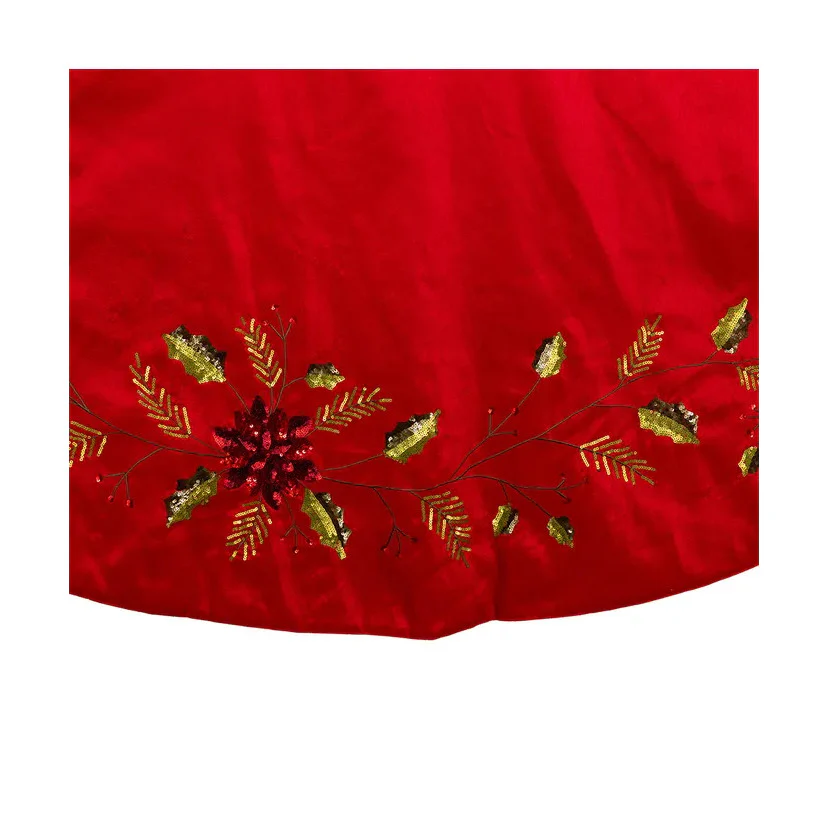 Red Dupion With Multi Sequin Poinsettia & Holly Leaves Tree Skirt, 72" - Image 4