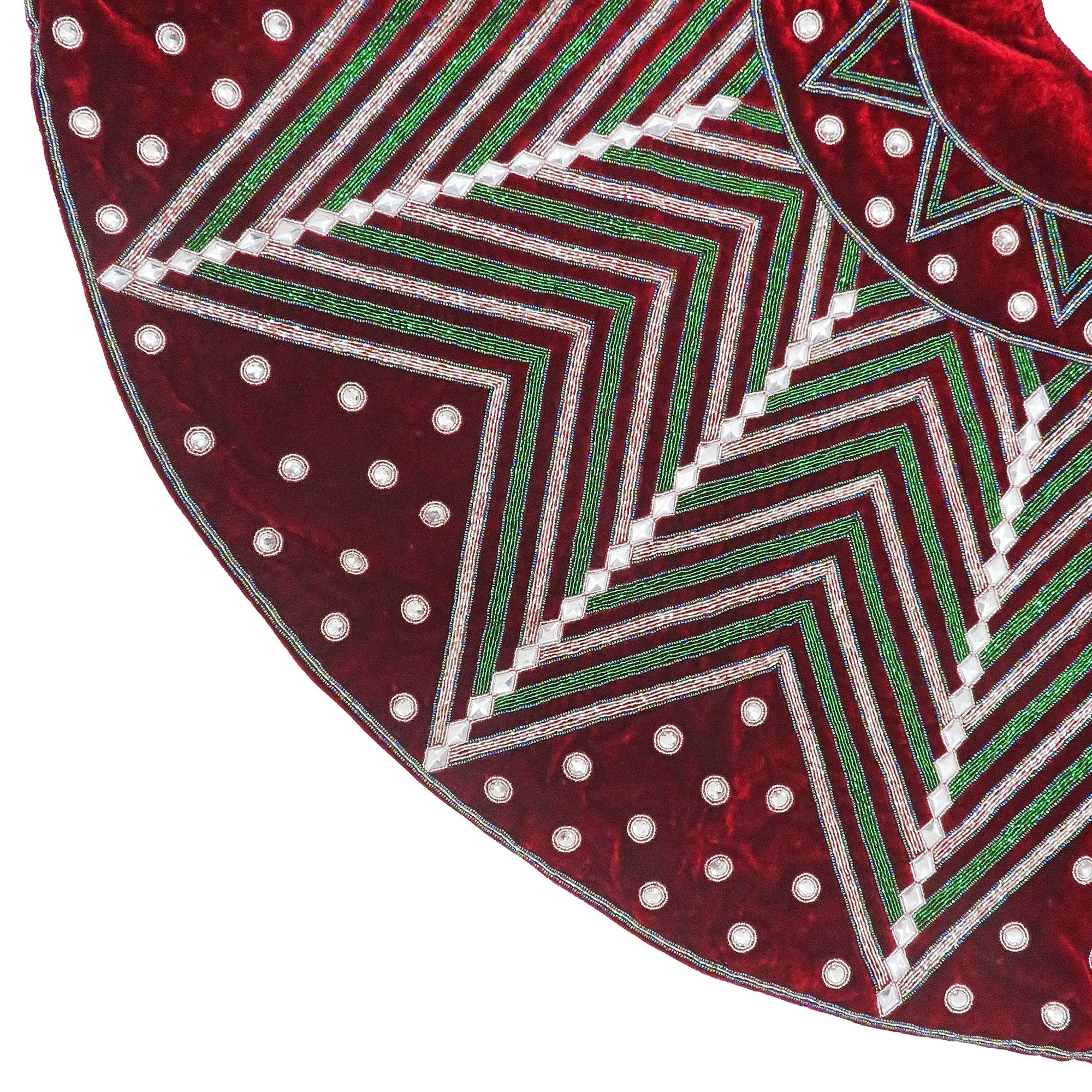 Red/Silver/Green Tree Skirt W/ Beaded Star Pattern & Crystals, 60"