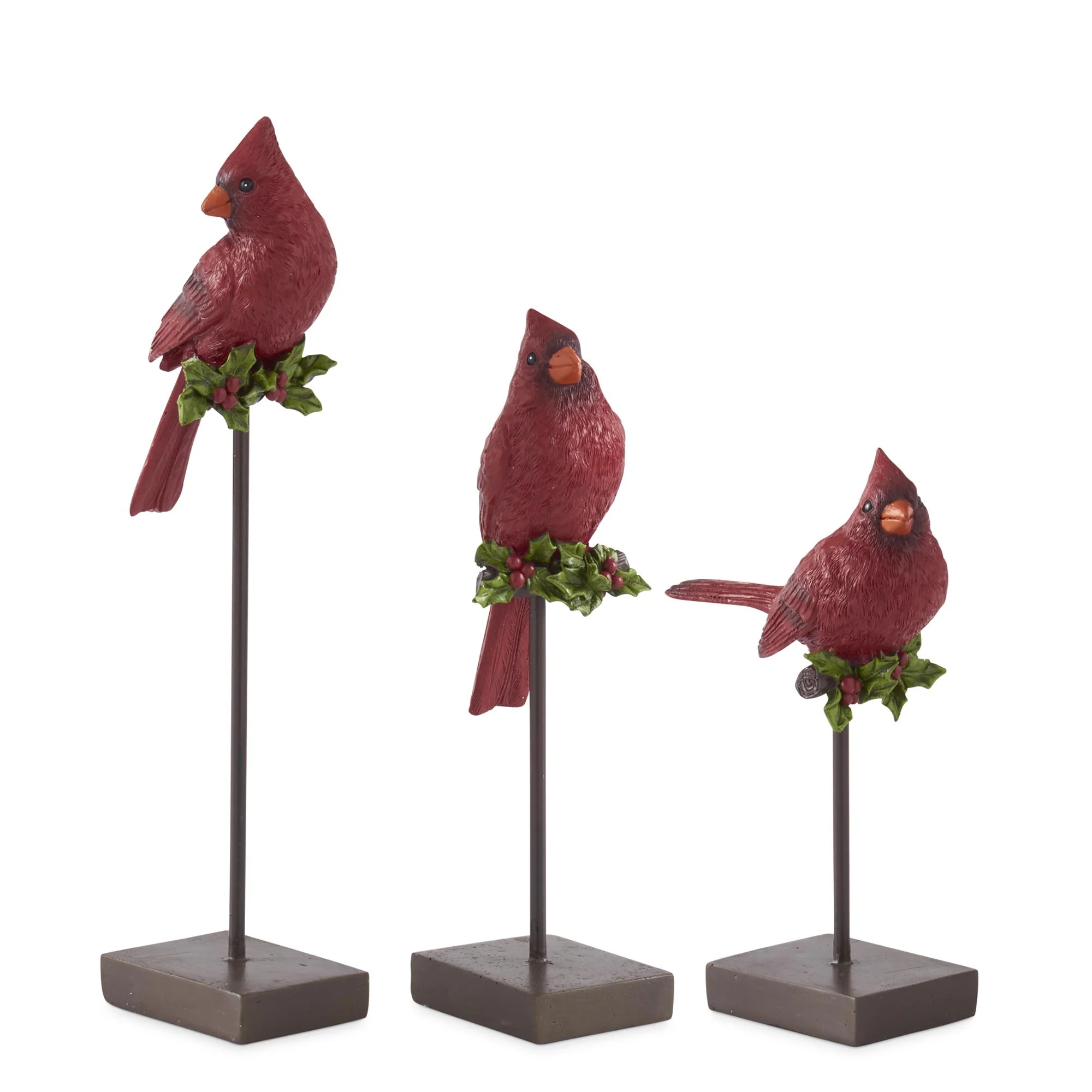 Resin Cardinals w/ Holly on Black Metal Stands, 7" - 11" (Set of 3)