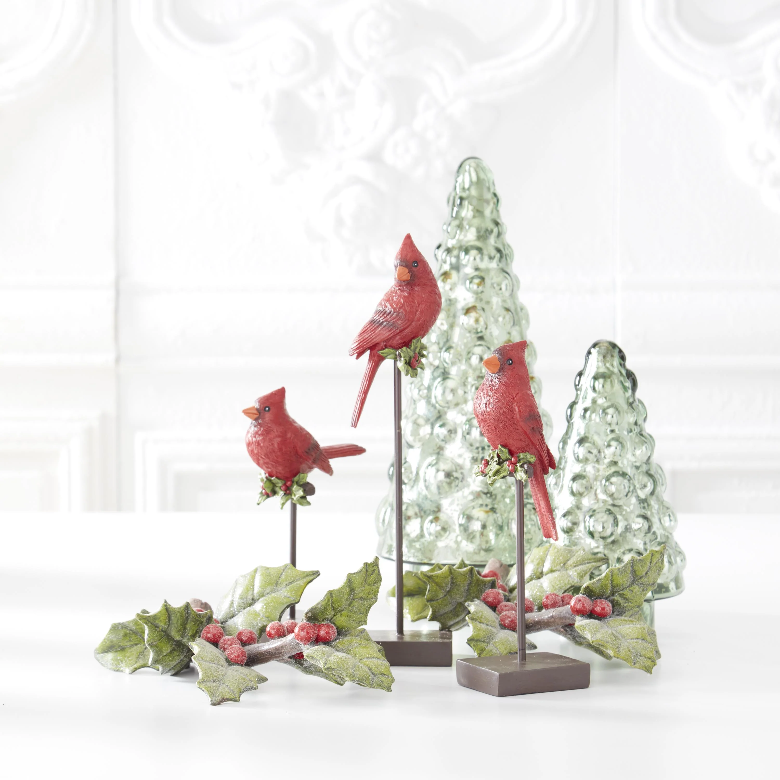 Resin Cardinals w/ Holly on Black Metal Stands, 7" - 11" (Set of 3) - Image 2