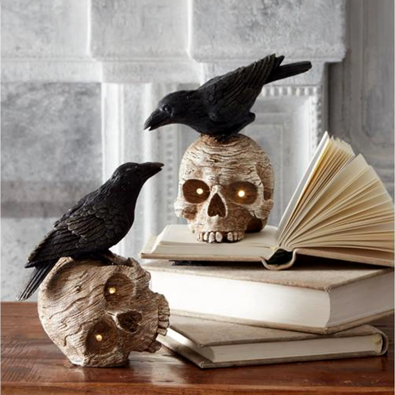 Resin Crow on LED Skulls w/Time, 8" (2 styles - sold individually) - Image 2