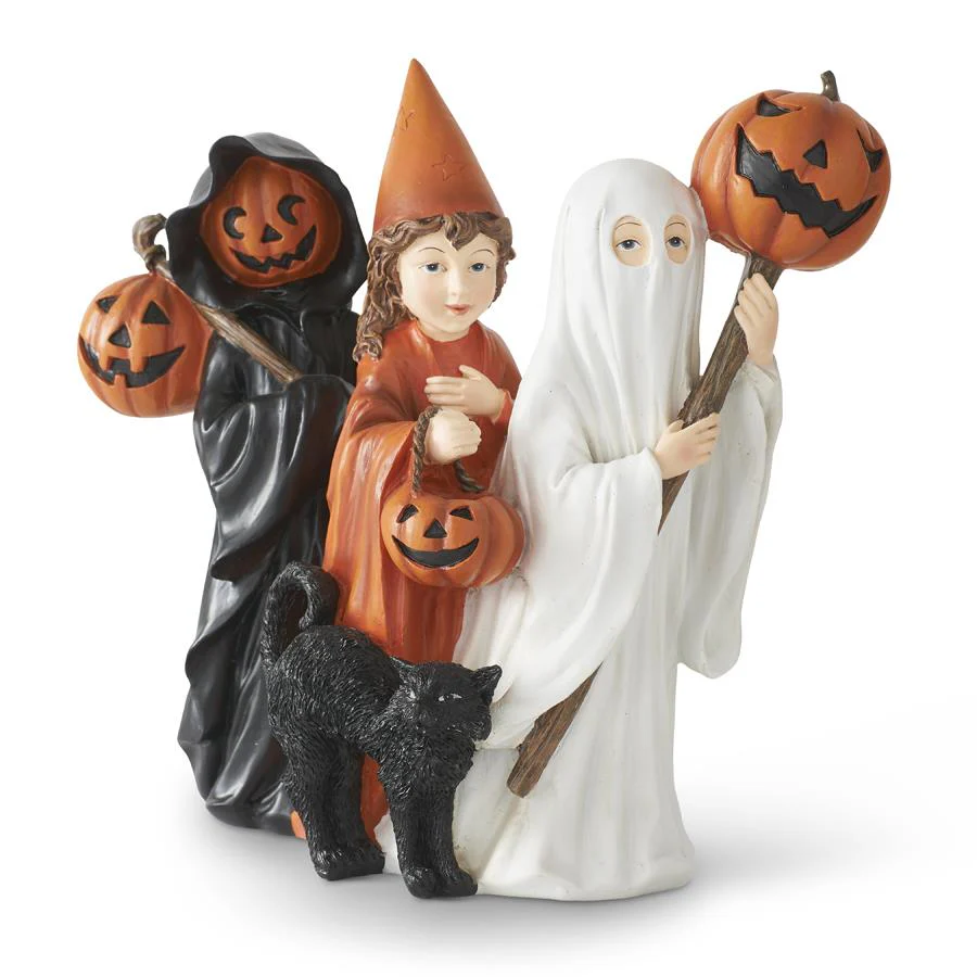 Resin Trick or Treat Children w/Black Cat Figurine, 10.5"