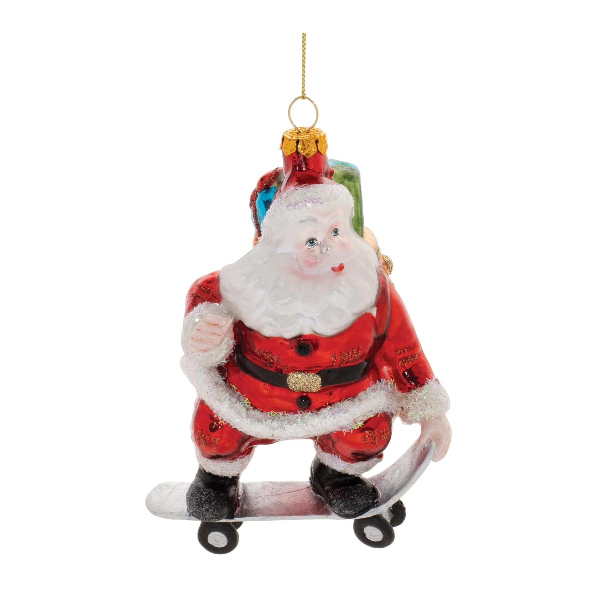Glass Santa on Skateboard Ornament, 5.5"