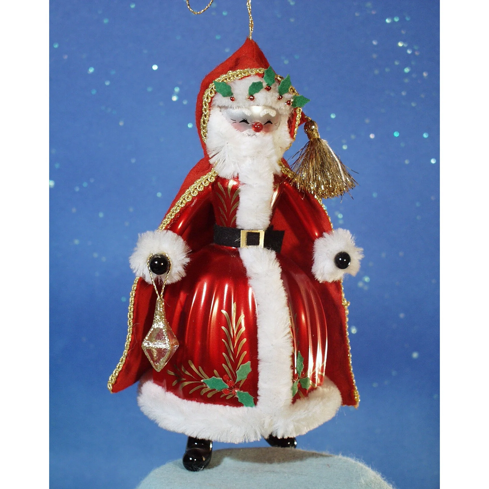 Santa With Mantel And Hood Glass Ornament