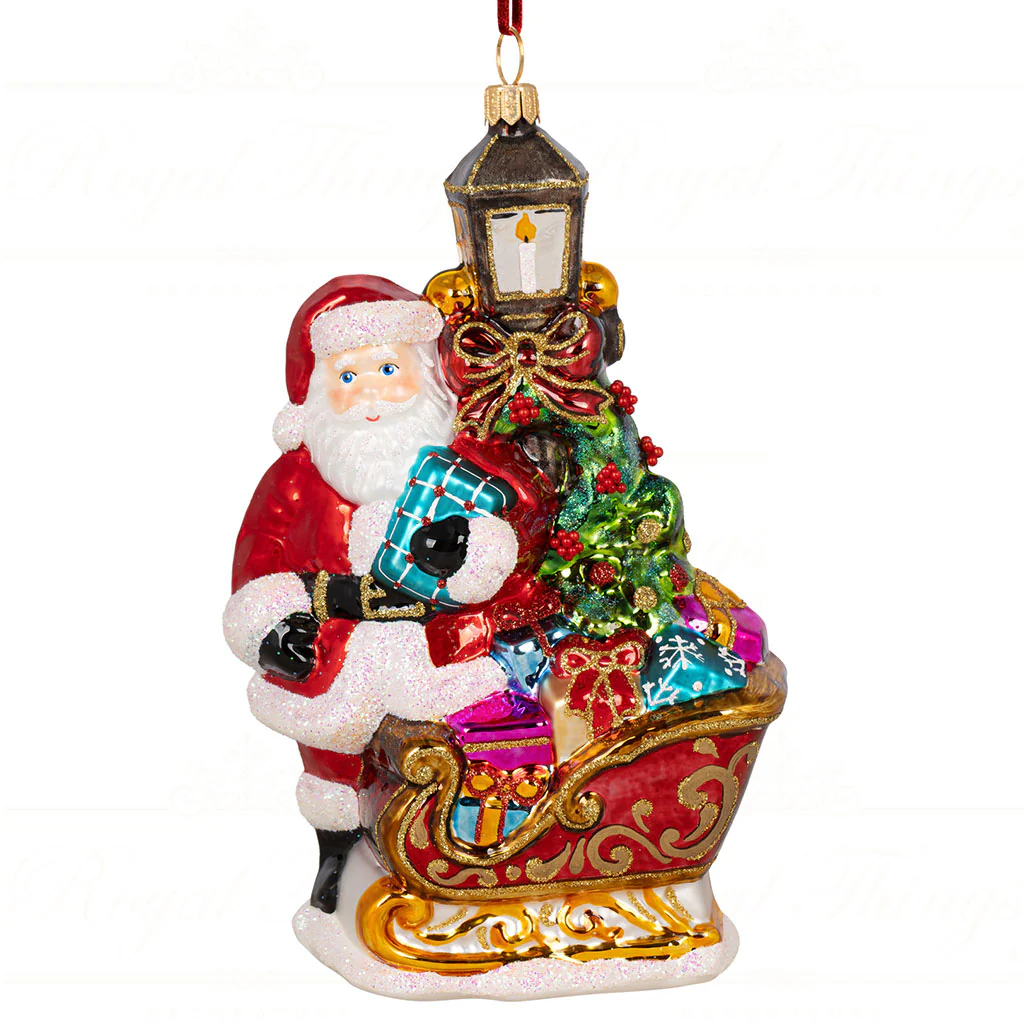 Santa with Sleigh and Lantern Ornament, 7.4"
